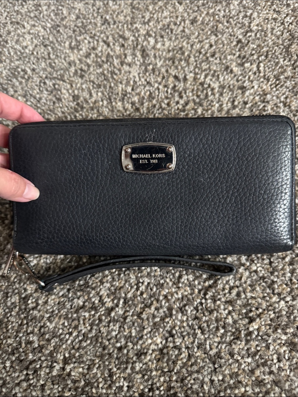 Michael Kors Black Pebbled Leather Wristlet Wallet with Silver Plaque